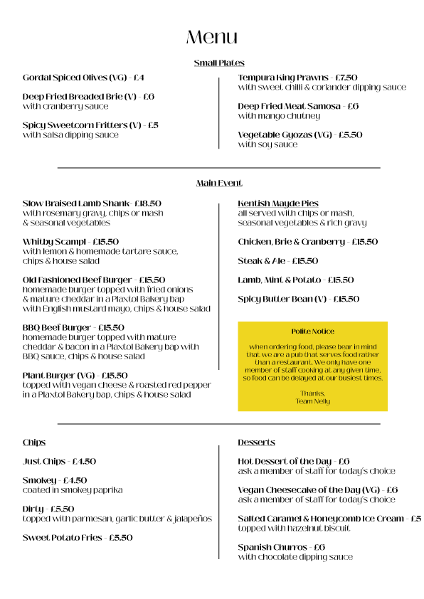 Nelson Arms Full Menu